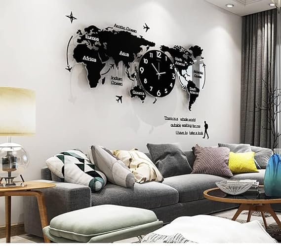 Acrylic World Map Wall Clock Black